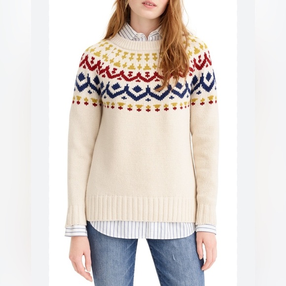 J. Crew Wool Blend Fair Isle Ski Sweater L Ivory/Blue/Red/Green Off White - Picture 1 of 8